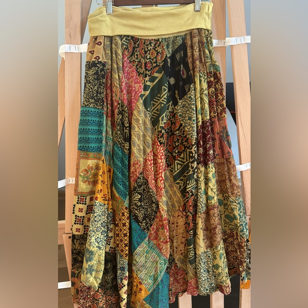 Boho style skirt made of cotton.  Free size with elastic waistband.